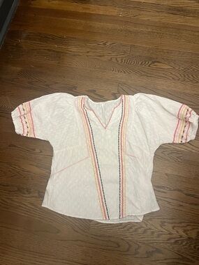 White Embroidered V-Neck Peasant Tunic with Pink Accent